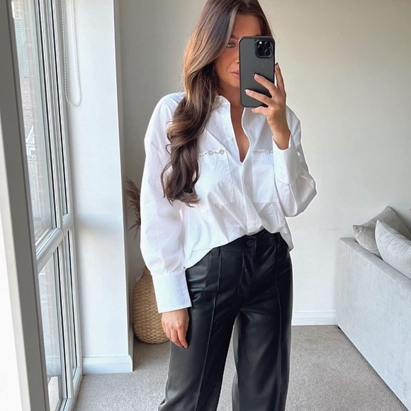 Zara Tops - Zara White Jewel Detail Oversized Shirt